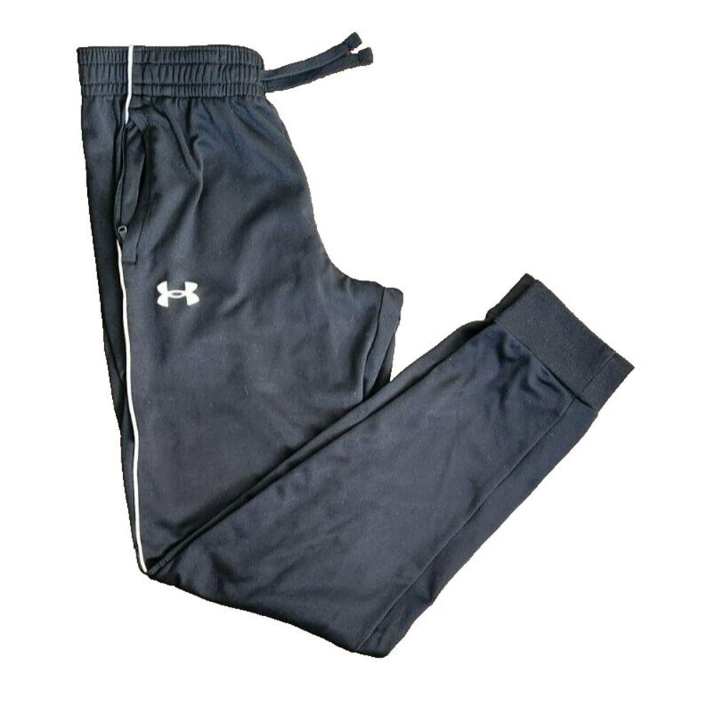 Under Armour Boys Pennant Tapered Pants Black White Piping Joggers YLG Large‎